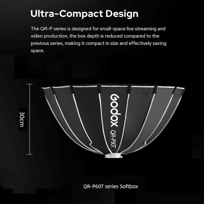 Godox QR-P60T 60cm/23.6in Quick Release Parabolic Softbox Professional Foldable Softbox with Standard Bowen Mount & Diffusers for Photography Studio Photography (60cm/59in Softbox)