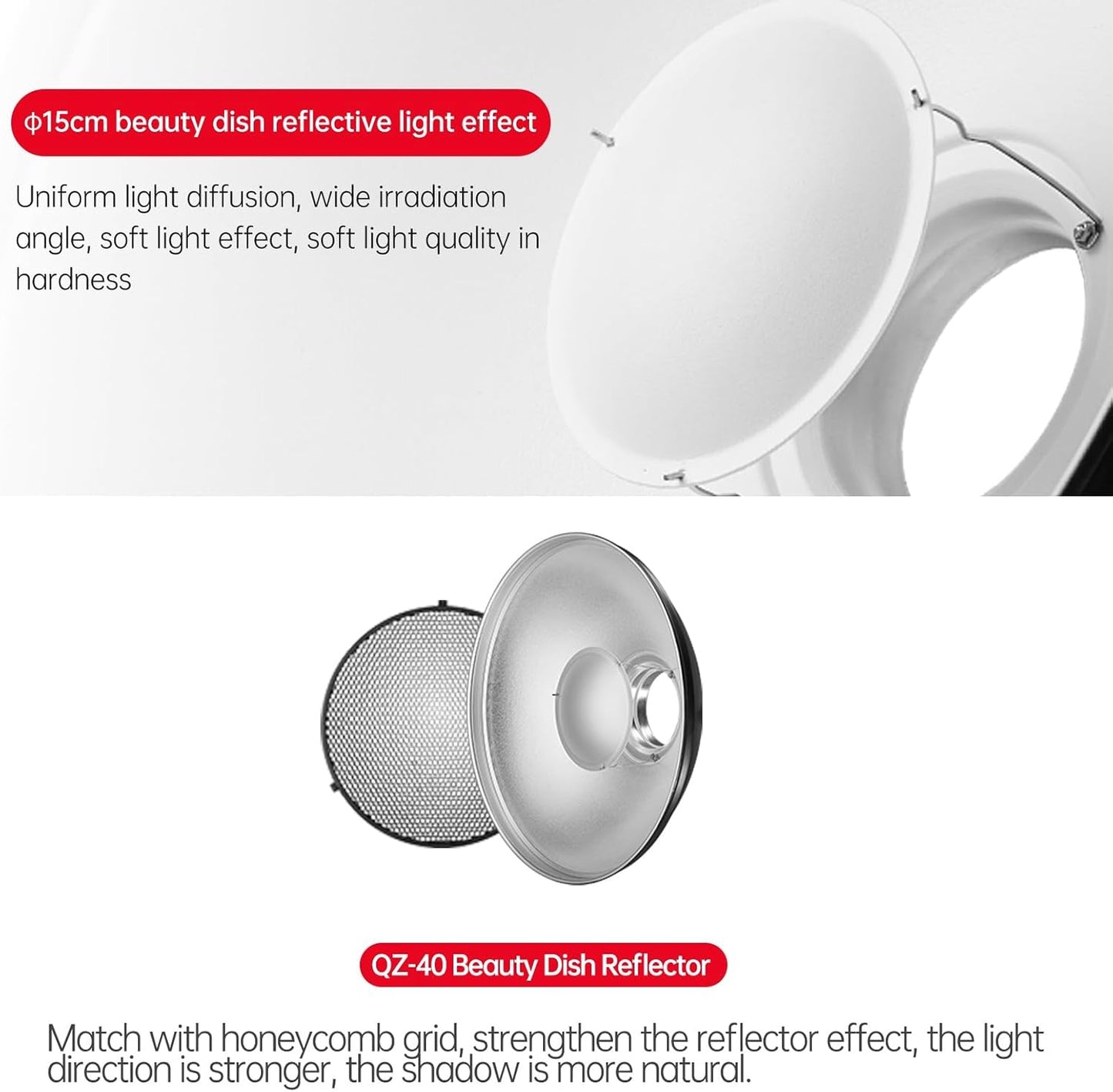 JINBEI 15.7"/40cm Aluminum Standard Reflector Beauty Dish with White Diffuser & Honeycomb, Bowens Mount Studio Strobe Flash Light