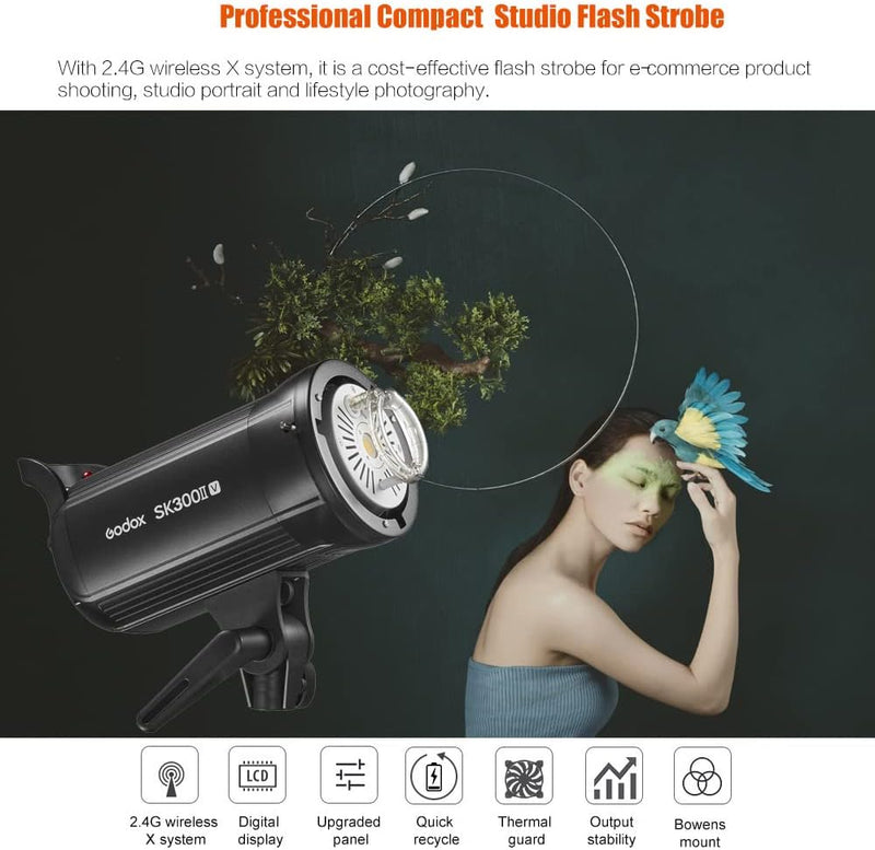 Godox SK300II-V Upgraded Studio Flash Light 300Ws Power GN58 5600±200K Strobe Light with LED Modeling Lamp Bowens Mount Photography Flashes for Advertising Photography