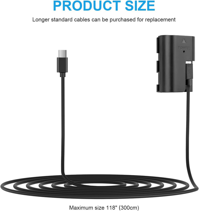 FOMITO LP-E6 Dummy Battery Decoded LP-E6 Battery Replacement with Type-C Straight Line 3M Power Adapter Cable for Canon 5D2 5D3 5D4 5DSR 6D 6D2 60D 60Da 7D 7D2 70D 80D 90D EOS-R R5 R6 Cameras