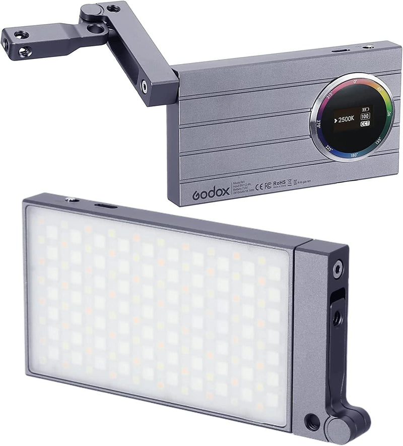 Godox M1 RGB Camera Light, Portable LED Video Light, Pocket Full Color LED Video Light Panel CRI 97+ 2500k-8500k, Music Beats Function and 15 FX Lighting Effects with Aluminum Alloy Body - Gray