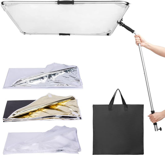 Fomito-QB-03 Portable Hand-held Scrim Flag 39x39 inch / 100x100cm Light Reflector Panel Kit with Assemblable Frame, Diffusion Gold & Black, Silver & White-F0166