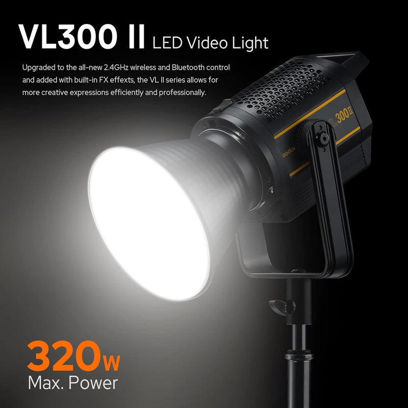 Godox VL300 II LED Video Light, 320W 5600K Daylight-Balanced Bowens Mount Continuous Video Light,CRI 96 TLCI 96 0-100% Dimming,16 Groups 32 Channels,2.4GHz Wireless Bluetooth Control(VL300 Upgraded)