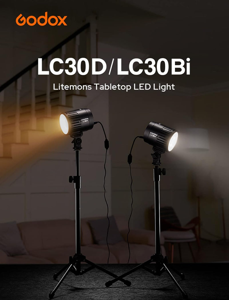 Godox LC30Bi 3200K-5600K Bi-Color Litemons Tabletop LED Light,25200LUX@0.5m, CRI 95+/TLCl 96+, 11 Preset Lighting FX Effects
