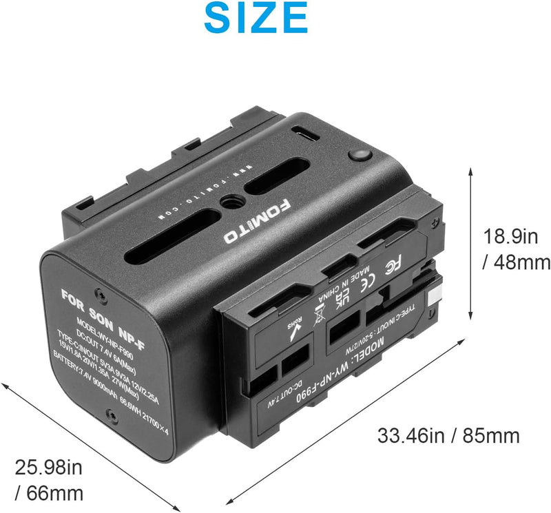 FOMITO Multifunctional NP-F Battery, Supports DC 7.4V 6A (Max) / Type-C 5-20V 27WV (Max) / Dual-Port NP-F Interface Output, Applicable to Monitors, LED Lights, Cameras etc