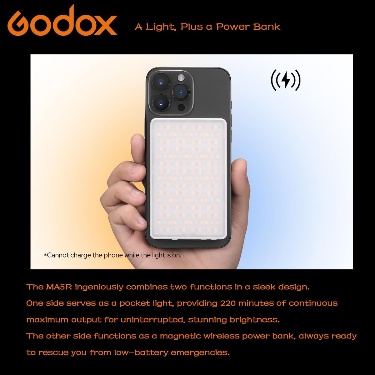 Godox MA5R Full-Color LED Light, Magnetic Charging Selfie Light CRI95 TLCI97, CCT 1800K-10000K,14 Fx Modes,HSI Adjustment,NFC/Bluetooth Connectivity,GM Adjust, 0%-100% Adjust, forYouTube/TikTok etc.