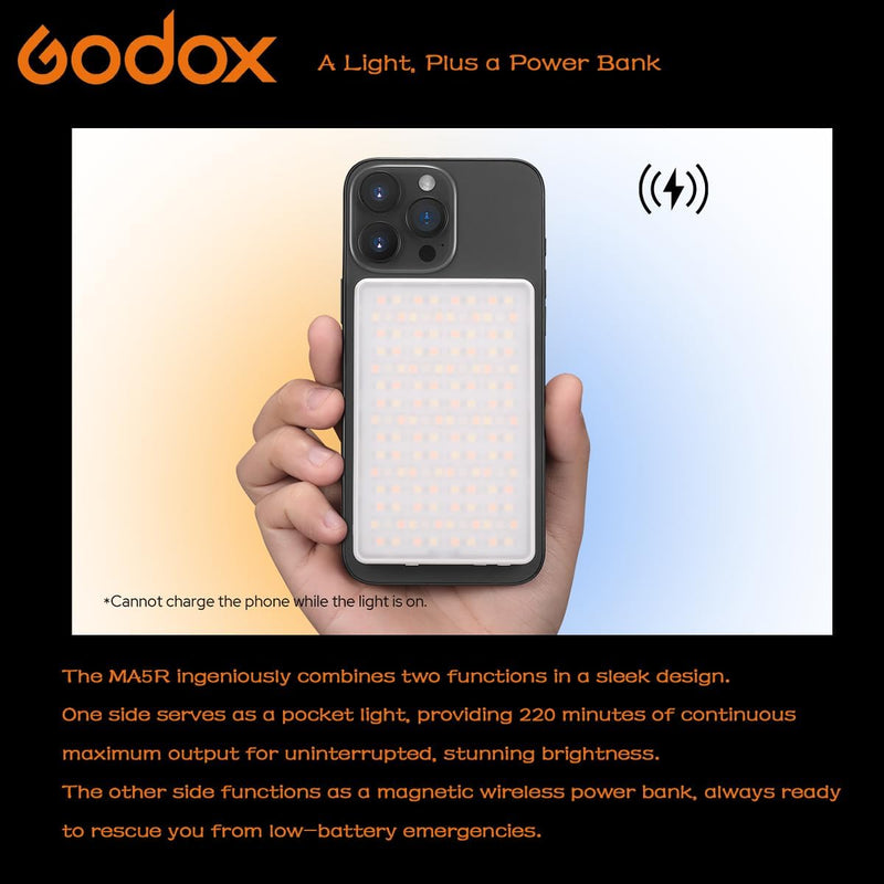 Godox MA5R Full-Color LED Light, Magnetic Charging Selfie Light CRI95 TLCI97, CCT 1800K-10000K,14 Fx Modes,HSI Adjustment,NFC/Bluetooth Connectivity,GM Adjust, 0%-100% Adjust, forYouTube/TikTok etc.