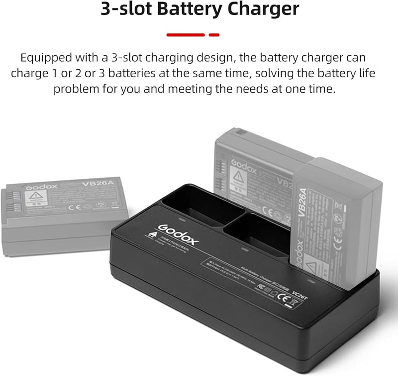 Godox VC26T Triple Battery Charger for Godox V1/V1 Pro/V860III/V850III/MF-R76/RING72 Flash Speedlite