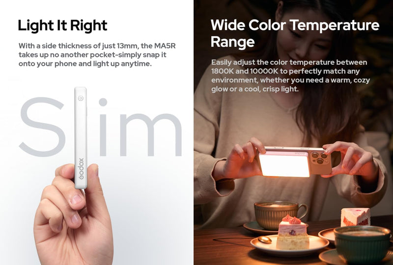 GODOX MA5R RGB LED Selfie Light Magnetic Charging Full Color Mini On Camera Video Light Phone Light, Adjusted 14 FX Modes, 1800-10000K 5000mAh Selfie Lighting for Photography/TikTok/Vlog/Video/Makeup