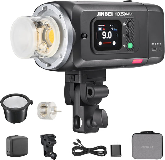 JINBEI HD250MAX 220Ws 2.4G TTL Flash Speedlight, 1/8000 HSS, 12W Bi-Color Modeling Light, Monolight Strobe Flash for Canon, Sony, Nikon, Fuji, Olympus, Panasonic