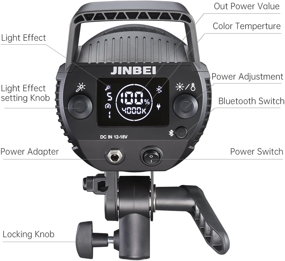 JINBEI EF-80BI 80W COB Bi-Color LED Video Light, Bi-Color 2700K-6500K Continuous Light Bowens Mount Handheld Spotlight, CRI97+/TLCI98+, 9 Lighting Effects, Bluetooth APP Control