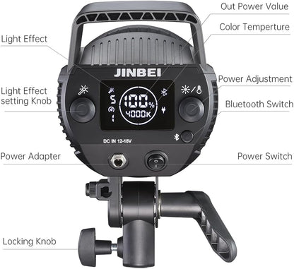 JINBEI EF-80BI 80W COB Bi-Color LED Video Light, Bi-Color 2700K-6500K Continuous Light Bowens Mount Handheld Spotlight, CRI97+/TLCI98+, 9 Lighting Effects, Bluetooth APP Control