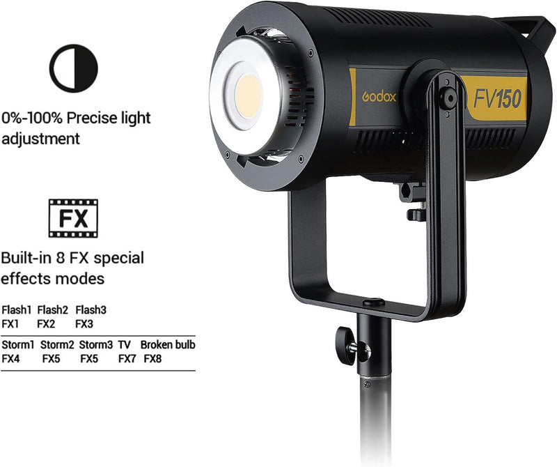 Godox FV150 150W 2.4G Flash LED Light, 1/8000s High Speed Sync, CRI96+, TCLI 96+, 12000LUX, 5600K±200K, Built in 8 FX Special Effects Modes, Compatible for Canon, Nikon, Sony, Olympus,Panasonic, Pent