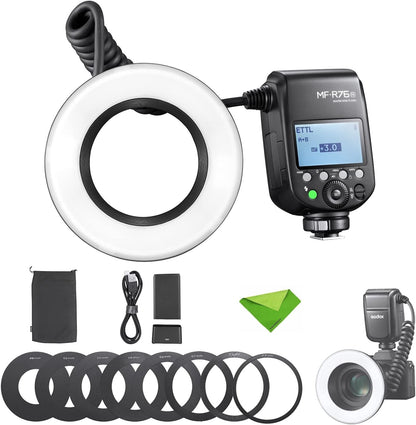 Godox MF-R76N TTL Macro Ring Flash 76Ws HSS 2.4G Wireless GN14 CCT 5900K 550 Full-Power Flashes, 0.1-1s Recycle Time Dual-Flash Tubes Speedlight for Nikon Cameras for Animal, Plant Photography, etc
