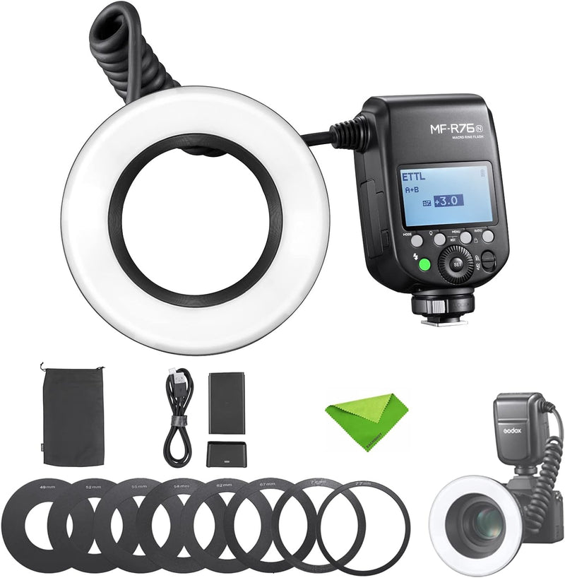 Godox MF-R76N TTL Macro Ring Flash 76Ws HSS 2.4G Wireless GN14 CCT 5900K 550 Full-Power Flashes, 0.1-1s Recycle Time Dual-Flash Tubes Speedlight for Nikon Cameras for Animal, Plant Photography, etc