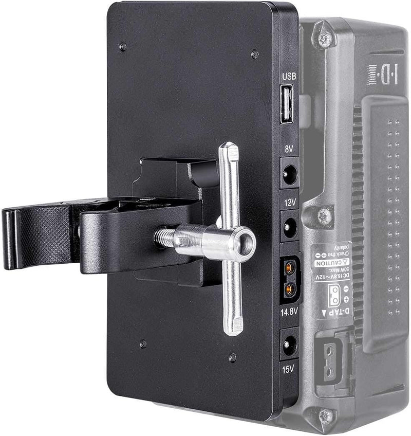 Fomito V-Lock V Mount Battery Adapter Plate with Super Clamp for Lighting Stand,Tripod, Support Rod, with D-TAP/DC/USB Power Output for Camcorder, DSLR Camera, LED Video Light, Monitor, Microphone
