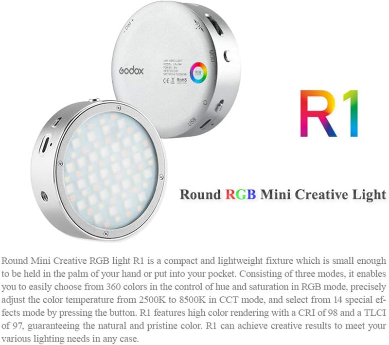 Godox R1 Round RGB Mini Creative Light, with Godox AK-R1 Accessories Kit, CRI 98 TLCI 97, Dimmable 2500K-8500K Full Color Video Light, 14 FX Lighting Effects, Music Mode, Magnetic Quick Install