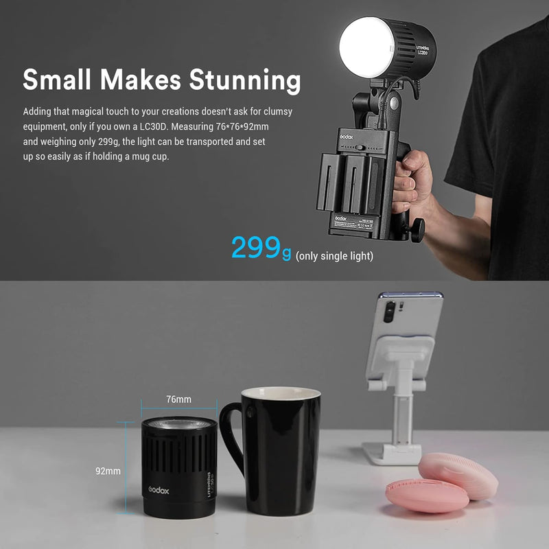 Godox LC30D LED Video Light,38W Tabletop LED Light,5600K 35800 LUX@0.5m,CRI 95+/TLCl 96+,0%-100% Dimming,8 FX Light Effects,for Live Streaming,Product Photography,Outdoor Shooting