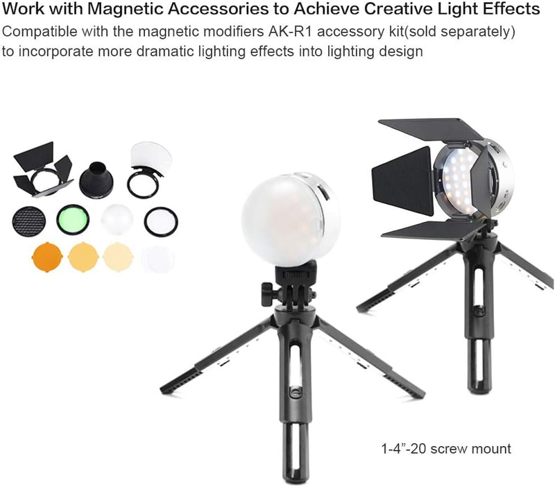 Godox R1 Round RGB Mini Creative Light, with Godox AK-R1 Accessories Kit, CRI 98 TLCI 97, Dimmable 2500K-8500K Full Color Video Light, 14 FX Lighting Effects, Music Mode, Magnetic Quick Install