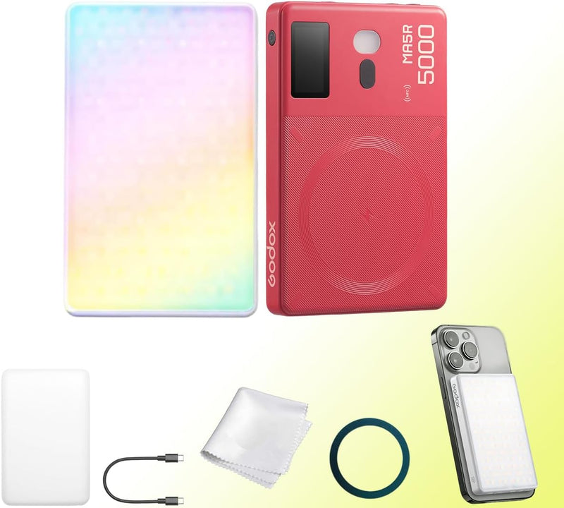 Godox MA5R Full-Color LED Light, Magnetic Charging Selfie Light CRI95 TLCI97, CCT 1800K-10000K,14 Fx Modes,HSI Adjustment,NFC/Bluetooth Connectivity,GM Adjust, 0%-100% Adjust, forYouTube/TikTok etc.