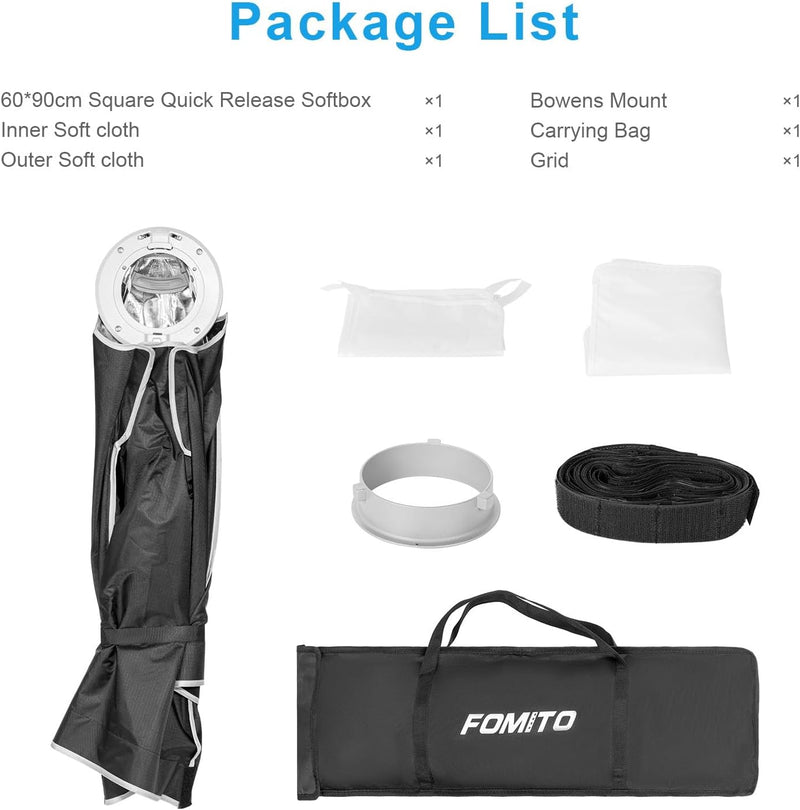 FOMITO 24"x35"/60x90cm Rectangular Softbox, Quick Release Bowens Mount Softbox with Honeycomb Grid, Light Diffusers, Bag for Godox SL-60W SL60IID SL150R SL300R Aputure 120d etc