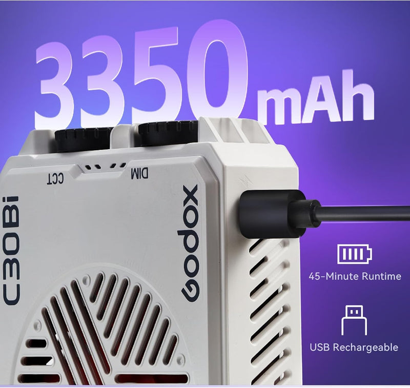GODOX Litemons C30BI Led Video Panel Light,30W On Camera Pocket Lights CCT 2800K-6500K,3350mAh Rechargeable for Photography,Videographer and Vlogging