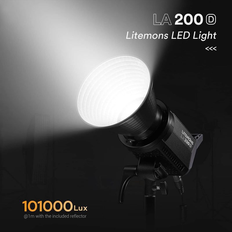 Godox LA200D LED Video Light, 200W 101000LUX@1M Daylight Studio Light, 5600K Bowens Mount LED Continuous Light, CRI 96+ 8 FX Effect 0-100% Dimming APP Control Photography LED Light
