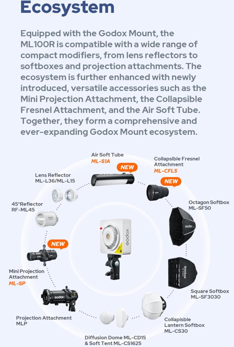 Godox ML100R 110W RGB LED Video Light, with Interchangeable 15° Reflector/1800-10000K CCT/14 Cinematic FX Effects/Multiple Power Options/Supports App Control,for Filming/Live Streaming etc.