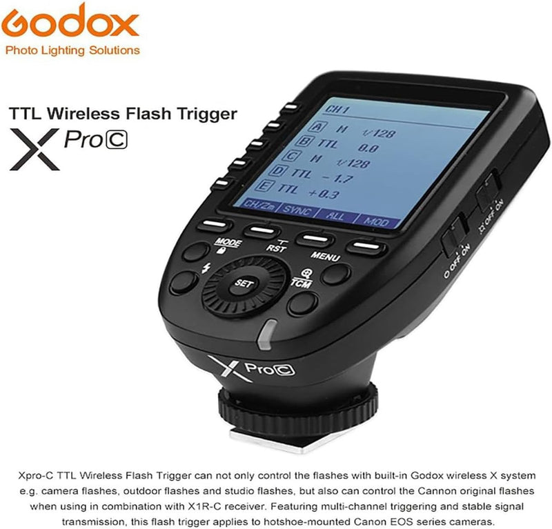 Godox Xpro-C TTL Wireless Flash Trigger for Canon 1/8000s HSS TTL-Convert-Manual Function Large Screen Slanted Design 5 Dedicated Group Buttons 11 Customizable Functions