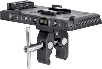 Fomito V-Lock V Mount Battery Adapter Plate with Super Clamp for Lighting Stand,Tripod, Support Rod, with D-TAP/DC/USB Power Output for Camcorder, DSLR Camera, LED Video Light, Monitor, Microphone