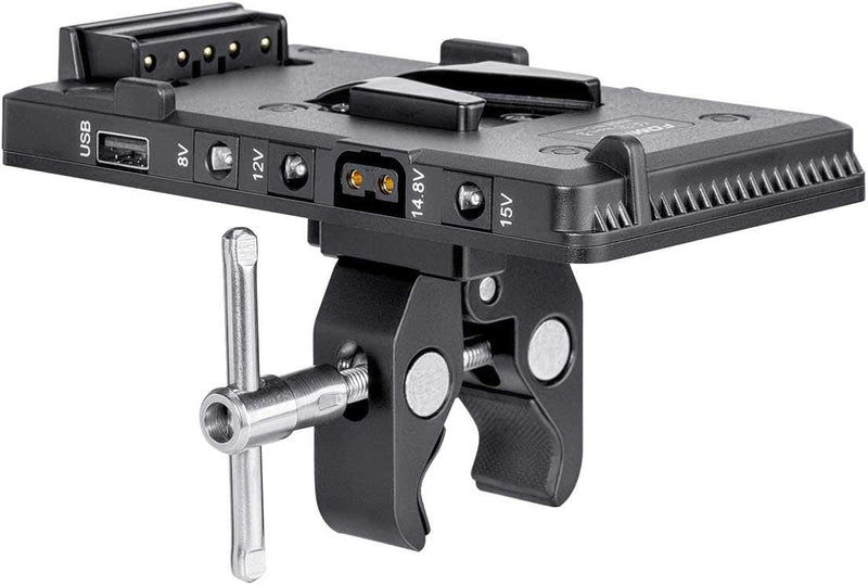Fomito V-Lock V Mount Battery Adapter Plate with Super Clamp for Lighting Stand,Tripod, Support Rod, with D-TAP/DC/USB Power Output for Camcorder, DSLR Camera, LED Video Light, Monitor, Microphone