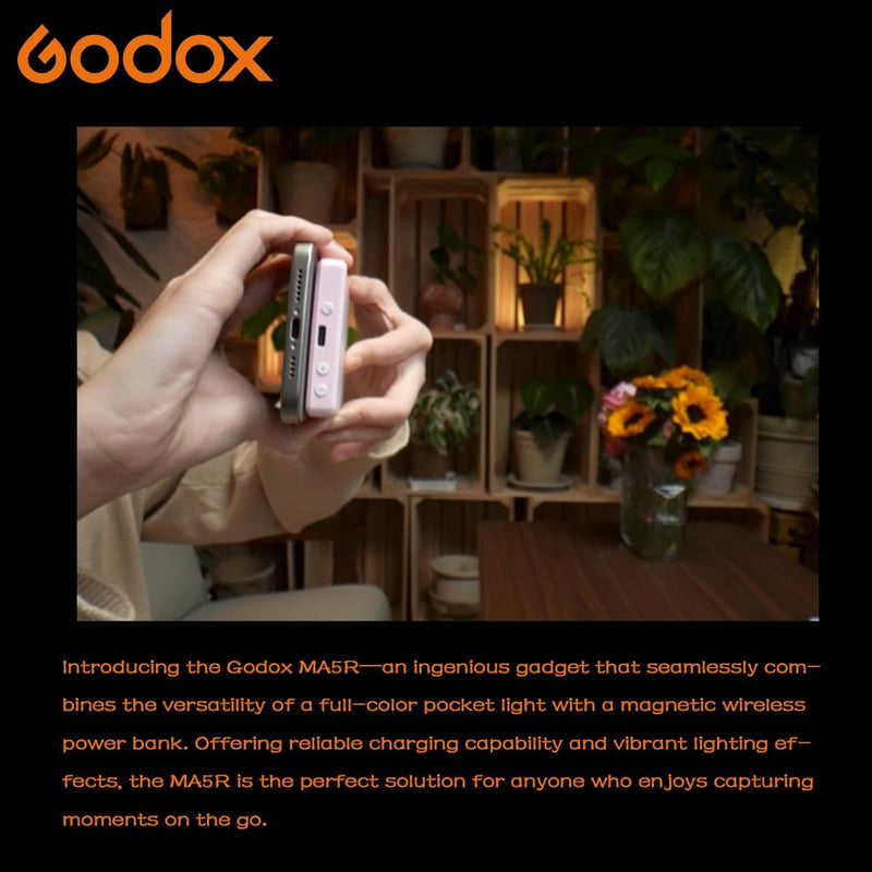 Godox MA5R Full-Color LED Light, Magnetic Charging Selfie Light CRI95 TLCI97, CCT 1800K-10000K,14 Fx Modes,HSI Adjustment,NFC/Bluetooth Connectivity,GM Adjust, 0%-100% Adjust, forYouTube/TikTok etc.