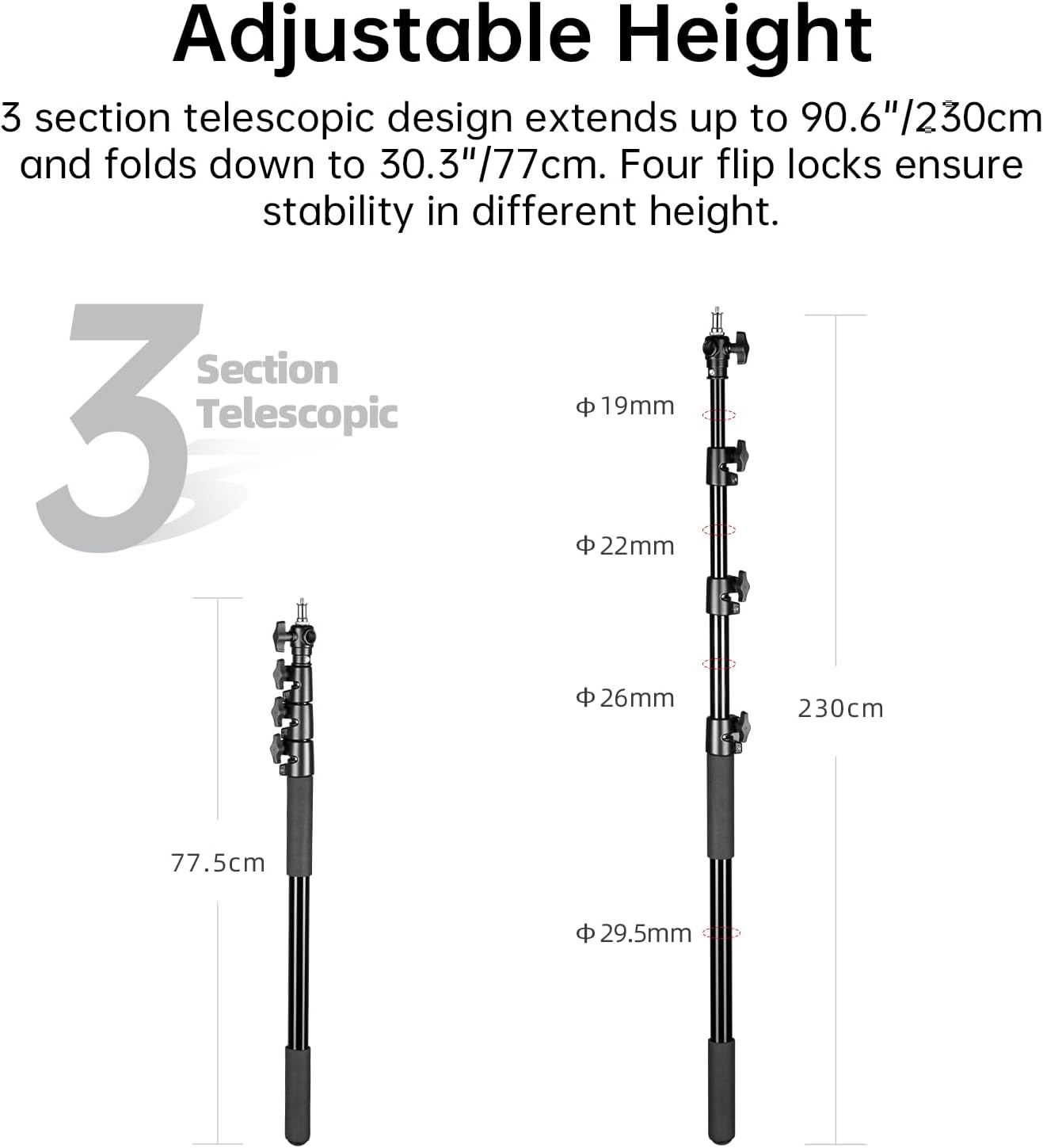 JINBEI HD-230 7.5ft / 230cm Handheld Portable Light Stand with 1/4" 3/8" Adapter Boom Pole Telescoping with Easy Twist Locks Support for Studio LED Panel Speedlite Reflector