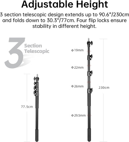 JINBEI HD-230 7.5ft / 230cm Handheld Portable Light Stand with 1/4" 3/8" Adapter Boom Pole Telescoping with Easy Twist Locks Support for Studio LED Panel Speedlite Reflector