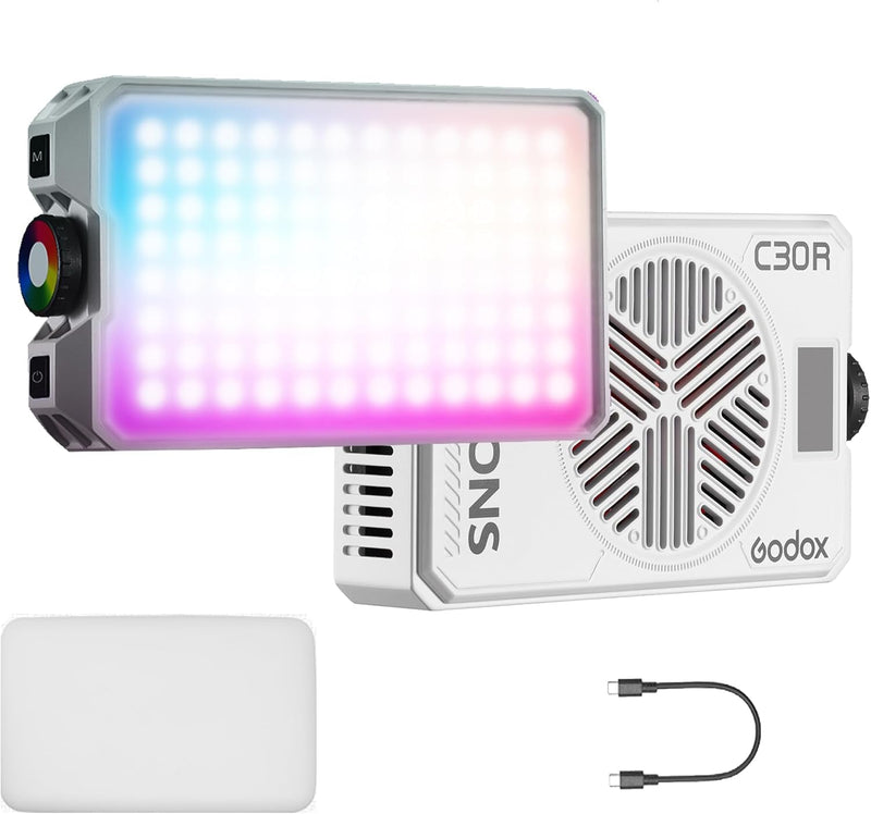 GODOX Litemons C30R RGB Led Video Panel Light,30W On Camera Pocket Lights CCT 1,800K-10,000K,3350mAh Rechargeable for Photography,Videographer and Vlogging