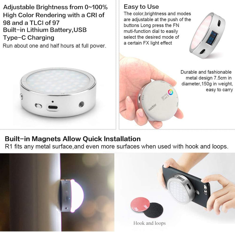 Godox R1 Round RGB Mini Creative Light, with Godox AK-R1 Accessories Kit, CRI 98 TLCI 97, Dimmable 2500K-8500K Full Color Video Light, 14 FX Lighting Effects, Music Mode, Magnetic Quick Install