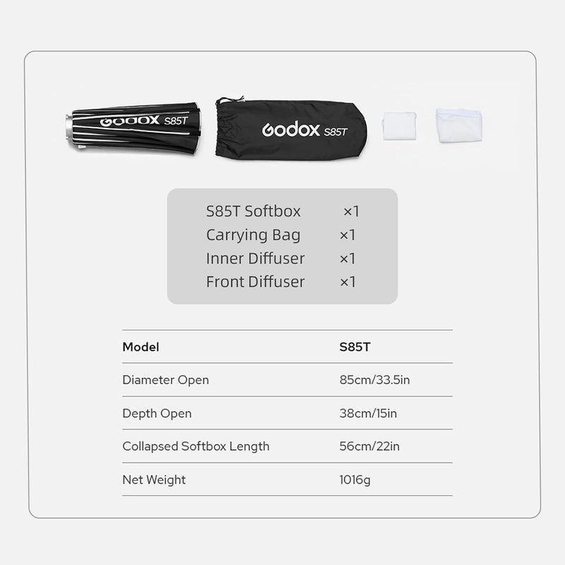 Godox S85T 85cm/33.5in Quick Release Umbrella Softbox Professional Foldable Softbox with Standard Bowen Mount & Diffusers for Photography Studio Photography Portrait Live Stream