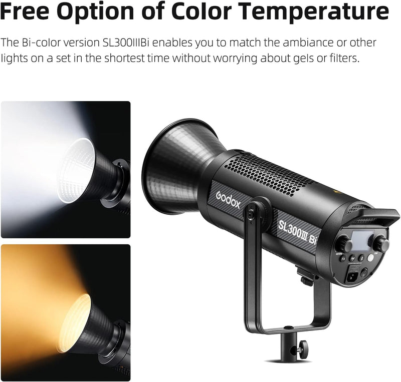 Godox SL300IIIBi 330W LED Continuous Output Lighting, 2800K-6500K Dual Color Temperature, 0%-100% Brightness Adjustment, App Control, Bowens Mount, Suitable for Studio, Still Life, Video Shooting