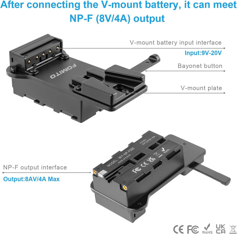 FOMITO NP-F970 F750 F550 Dummy Battery to V-Mount Plate Power Adapter for Camera Monitor Neewer F100 FEELWORLD FW568 F5 T7, LED Video Light CN160 CN216 YN300 II YN-600 W260