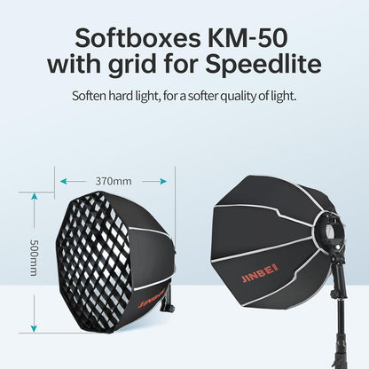 JINBEI 20"/50cm Octagonal Softbox Quick Folding Quick Set Up Octabox Softbox with Light Diffusers/Honeycomb Grid/Bag for HD-1 HD-2MAX Hi900 Speedlite