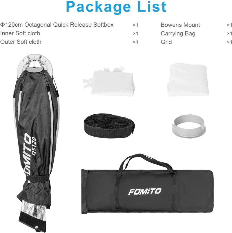 FOMITO 47.2"/120cm Octagonal Softbox, Quick Release Bowens Mount Softbox with Honeycomb Grid, Light Diffusers, Bag for Godox SL-60W SL60IID SL150R SL300R
