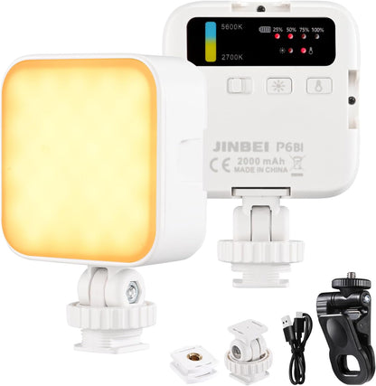 JINBEI P6 Bi-Color Mini Video Light LED Camera Light 2700K-7500K with 4 Cold Shoe Mount CRI 95+ 2000mAh Rechargeable Portable Photography Lighting for Vlog Live Streaming （White）