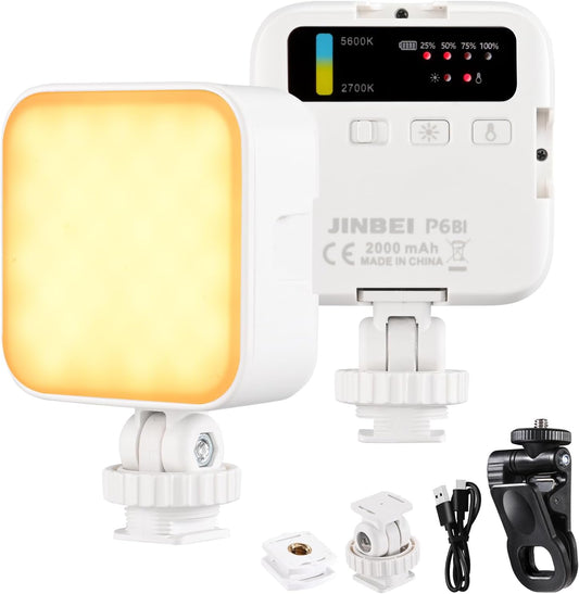 JINBEI P6 Bi-Color Mini Video Light LED Camera Light 2700K-7500K with 4 Cold Shoe Mount CRI 95+ 2000mAh Rechargeable Portable Photography Lighting for Vlog Live Streaming （White）