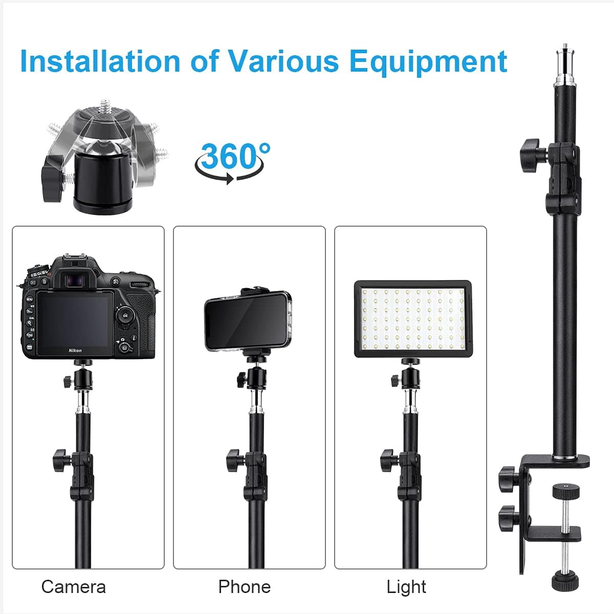 Fomito-FMT-ZJ-02 Camera Desk Mount Stand with 1/4" Ball Head and Phone Holder, 12.9-22" Adjustable Light Stand, Tabletop C Clamp for DSLR Camera, Ring Light, Live Streaming, Video Light, Smartphone, Panel Light-F0061