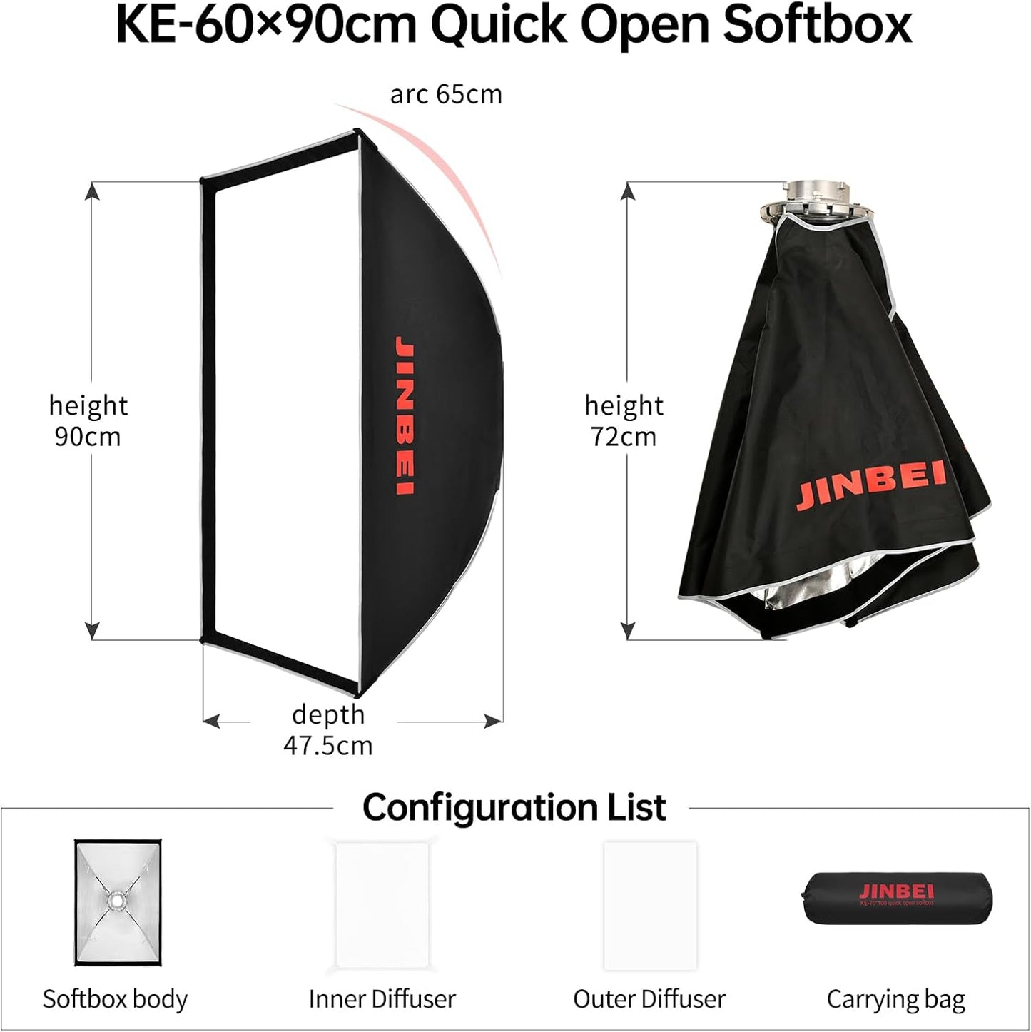 JINBEI Quick Release Rectangular Softbox with Grid and Bowens Mount Speedring 24"x36"(60x90cm)
