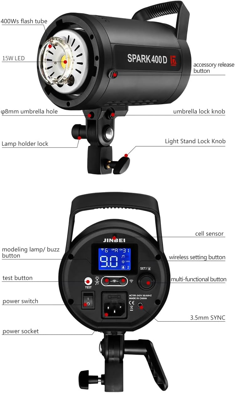 JINBEI SPARK-400D 400Ws GN66 Studio Strobe Flash Light,Recycle Time in 0.1-0.9 Sec,Built-in 2.4G Wireless with Bowens Mount LED Modeling Lamp Photography Flashes, Include 2.4G Wireless Trigger
