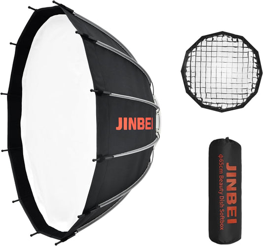 JINBEI 65cm Bowens Mount Deep Parabolic Softbox - High-Efficiency Studio Lighting Softbox for LED Video Lights, Photography & Live Streaming