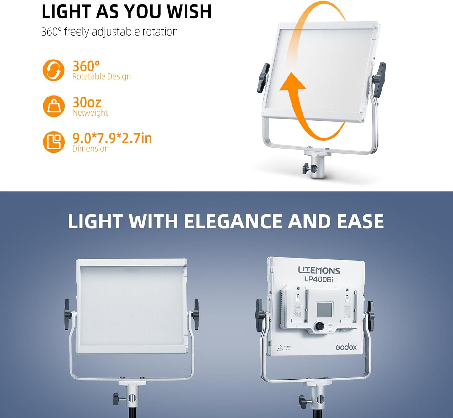 Godox LP400Bi Bicolor LED Video Light with Barndoor, 36W 2800K-6500K 6250Lux LED Panel Light with 11 FX Effects APP Control CRI/TLCI 96+ Dimmable 0-100% Studio Soft Light for Videography