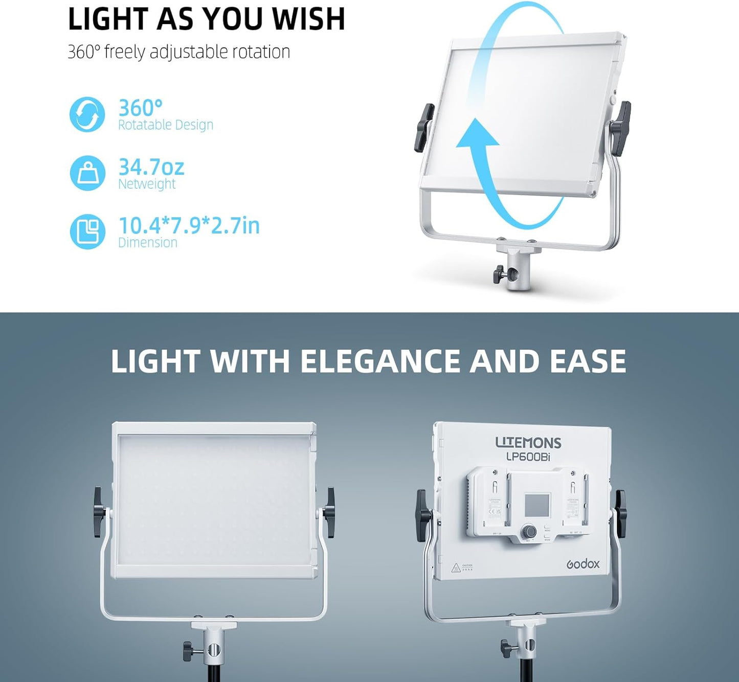 Godox LP600Bi Bicolor LED Video Light with Barndoor, 60W 2800K-6500K 9020Lux LED Panel Light with 11 FX Effects APP Control CRI/TLCI 96+ Dimmable 0-100% Studio Soft Light for Photography