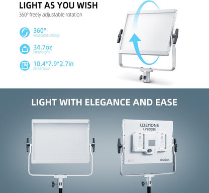 Godox LP600Bi Bicolor LED Video Light with Barndoor, 60W 2800K-6500K 9020Lux LED Panel Light with 11 FX Effects APP Control CRI/TLCI 96+ Dimmable 0-100% Studio Soft Light for Photography